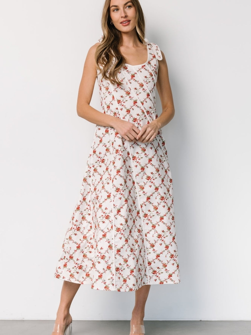 Baltic Born Isla Tank Dress NWT | Off White Red Floral Midi w/ Bow Straps